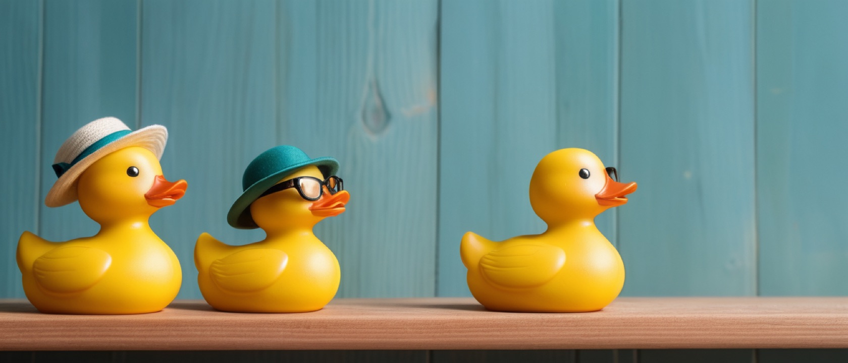 Yellow rubber ducks wearing tiny hats and glasses, lined up on a wooden shelf