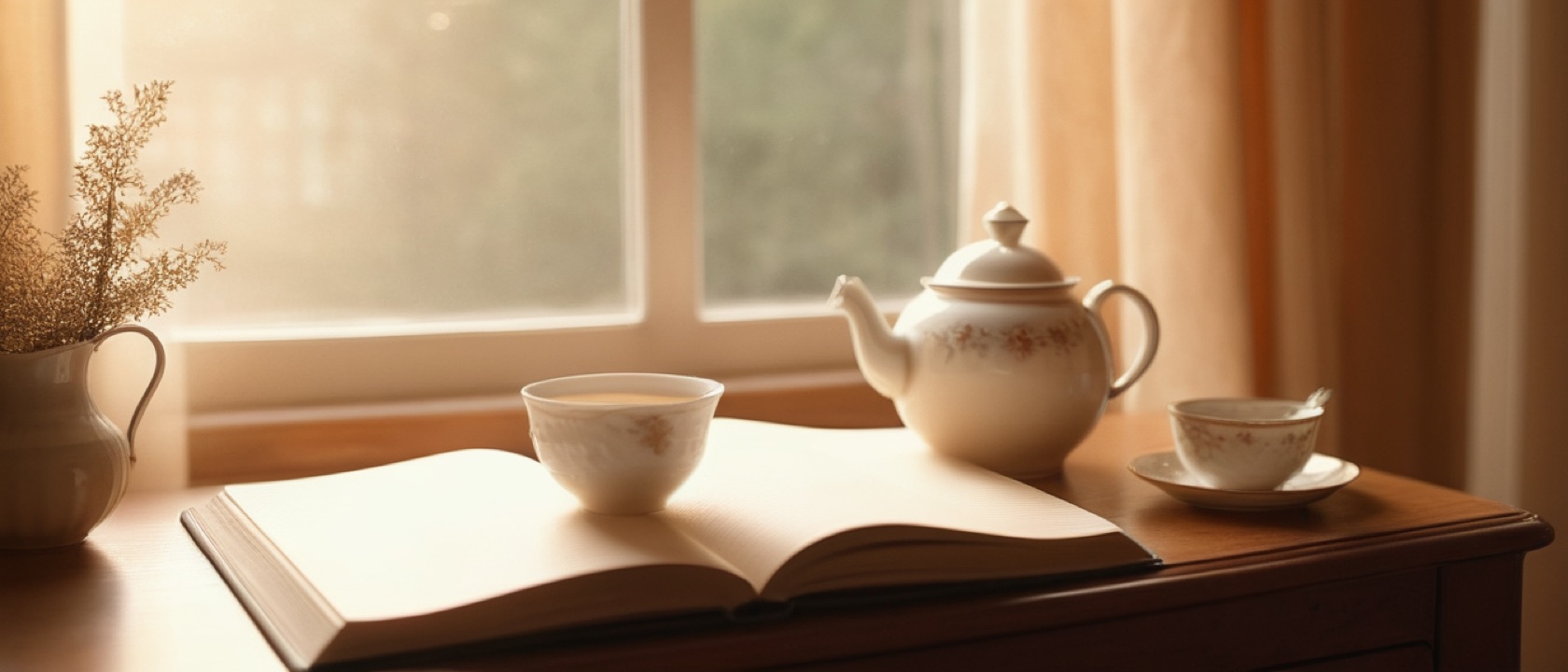 An open notebook and tea by a window at dawn