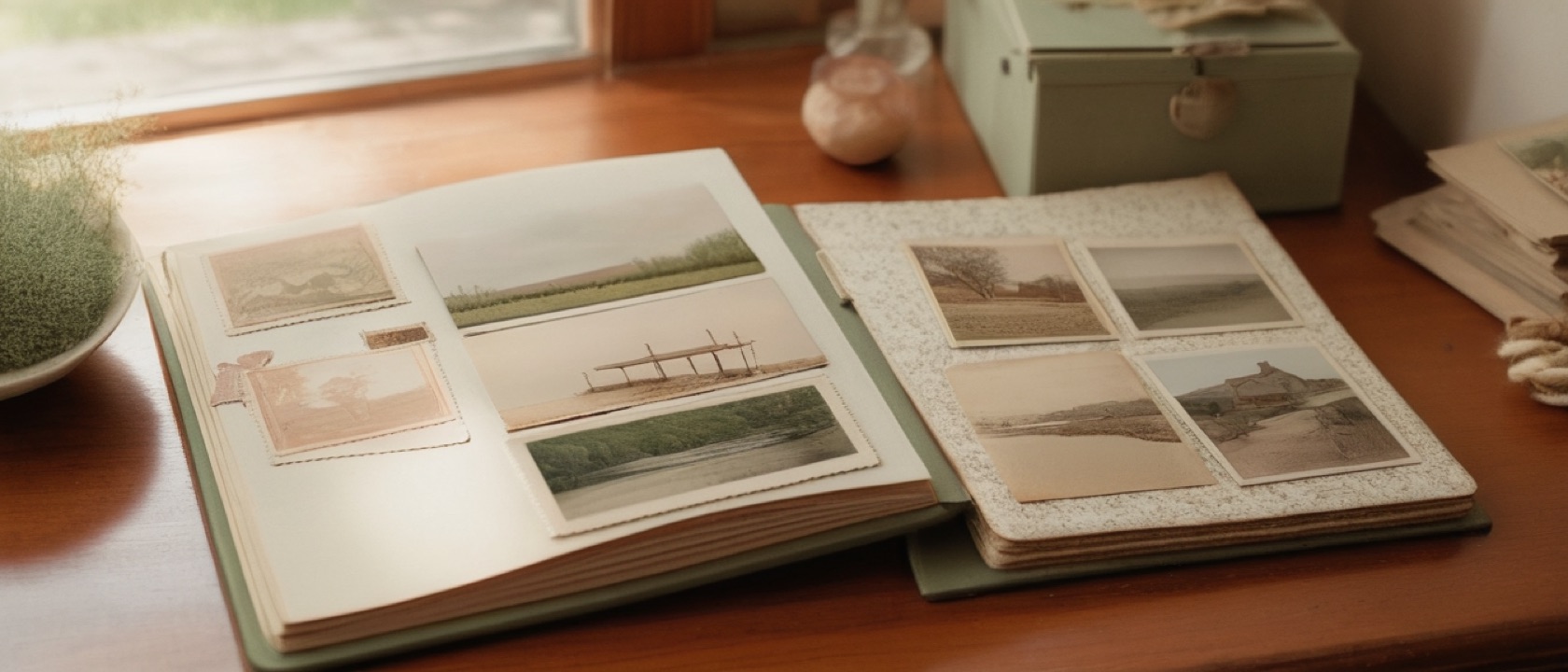 An open scrapbook of vintage postcards and photographs on a sunlit wooden desk