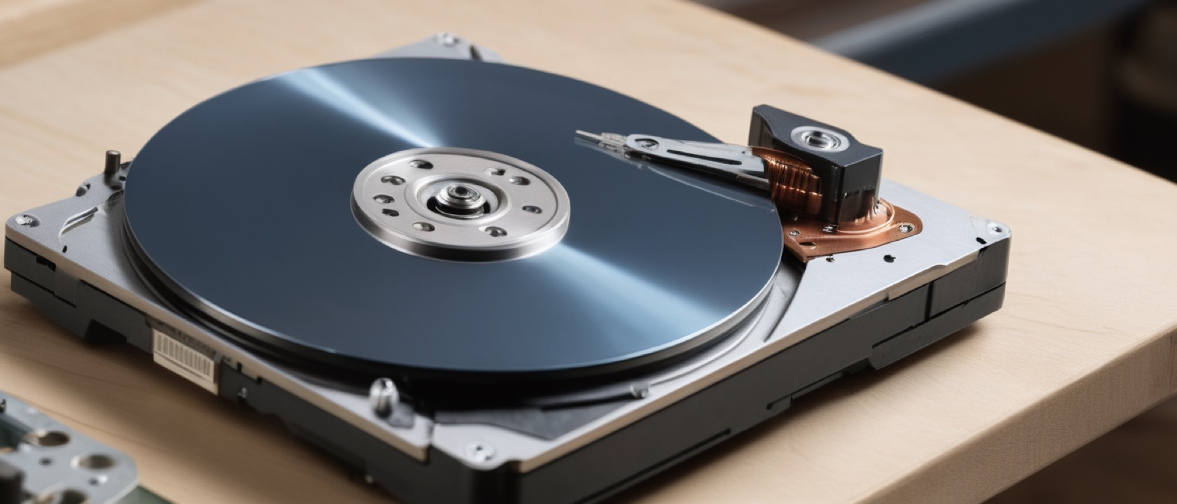 An opened mechanical hard drive with its shiny platter and copper actuator exposed