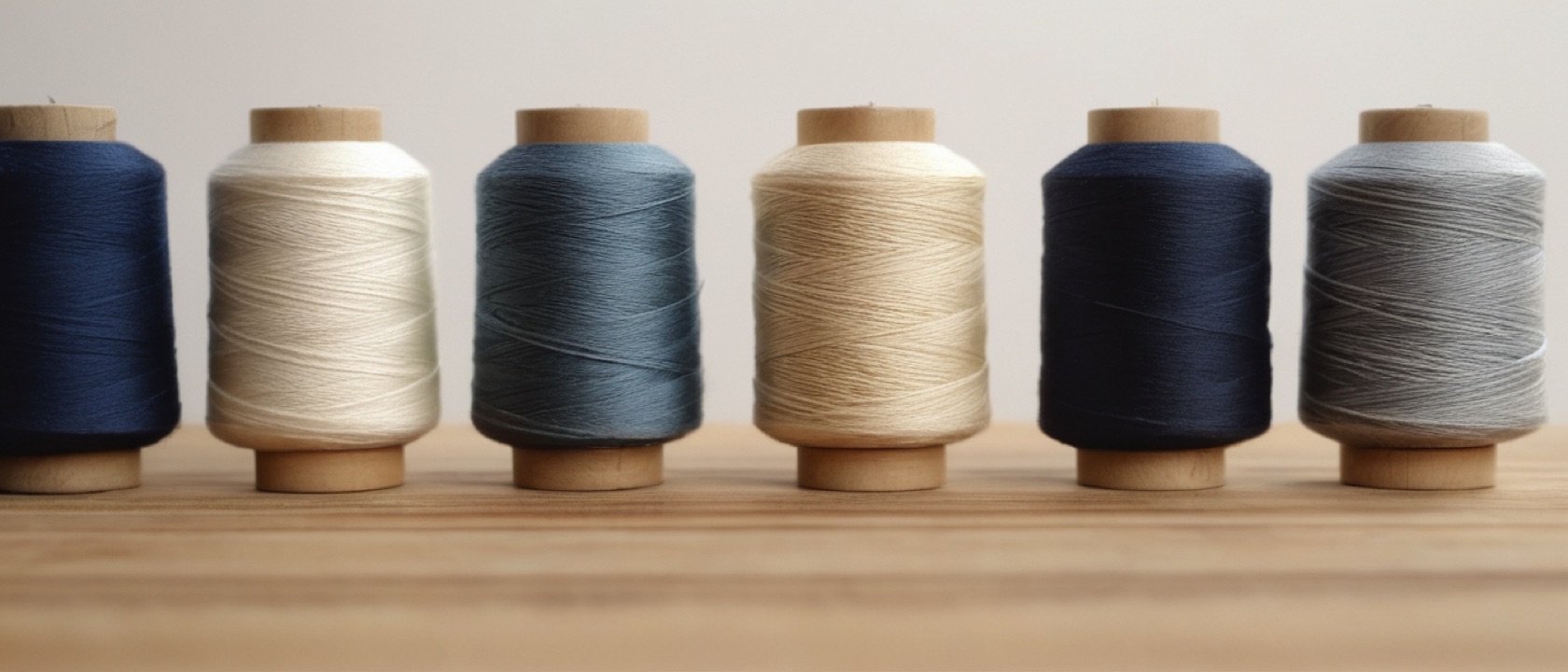 Wooden thread spools in slate blue, cream and sand tones on a table